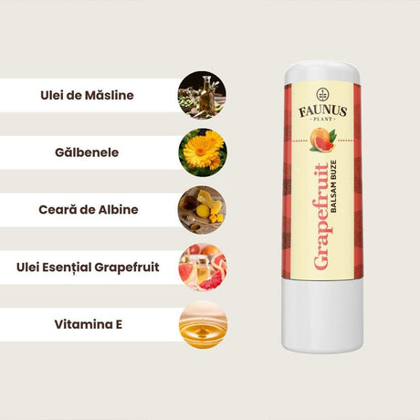 Imagini cu ingredientele principale ale Baslamului de Buze Grapefruit, și anume ulei de măsline, gălbenele, ceară de albine, ulei esențial de grapefruit și vitamina E, toate așezate în ordinea descrisă, în chenar maro deschis, având în partea dreaptă produsul.