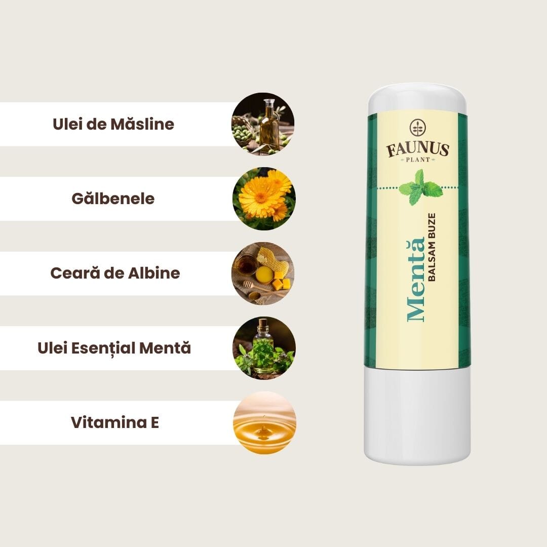 Balsam Buze Mentă 5ml. Extract de gǎlbenele şi vitamina E Balsam buze Faunus Plant 