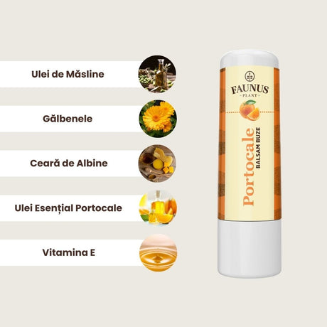 Imagini cu ingredientele principale ale Baslamului de Buze cu Portocale,și anume ulei de măsline, gălbenele, ceară de albine, ulei esențial de portocale și vitamina E, toate așezate în ordinea descrisă, în chenar maro deschis, având în partea dreaptă produsul.