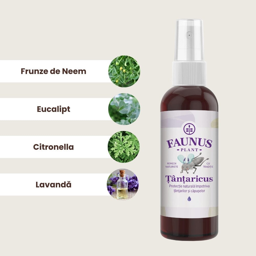 Țânțaricus - Loțiune. Flacon 100ml. Extract din ingrediente naturale pentru protejarea pielii de țânțari și căpușe Lotiune Faunus Plant 