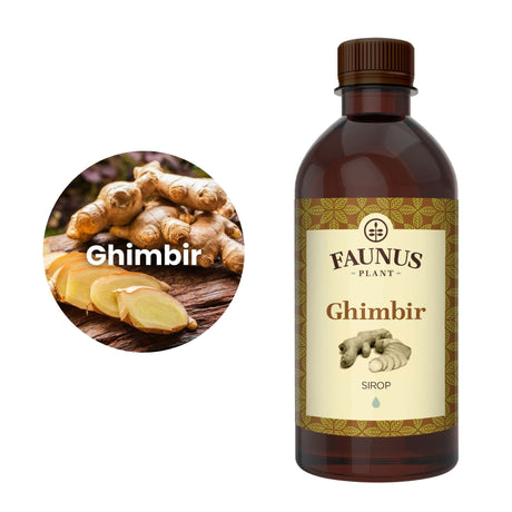 Imagine trunchiată într-o formă de cerc a ingredientului principal al Siropului de Ghimbir de 500ml de la Faunus Plant, și anume ghimbir, în chenar alb, având în partea dreaptă flaconul de Sirop Ghimbir 500 ml. | Cantitate - 500ml