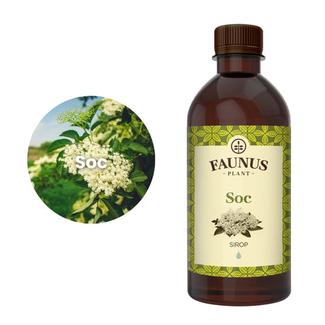 Imagine tip medalion cu ingredientul principal al Siropului de Soc 500ml, având pe mijloc textul Soc scris cu alb, iar în partea dreaptă flaconul de sirop. | Cantitate - 500ml
