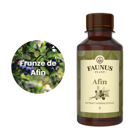 Flaconul de Tinctură Afin 200 ml  alături de o poză cu ingredientul principal, frunzele de afin | Cantitate - 200ml