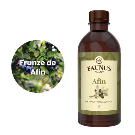 Flaconul de Tinctură Afin 500 ml alături de o poză cu ingredientul principal și anume, frunzele de afin | Cantitate - 500ml