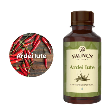 Flaconul de Tinctură Ardei Iute 200 ml alături de o poză cu ingredientul principal, ardeii iuți