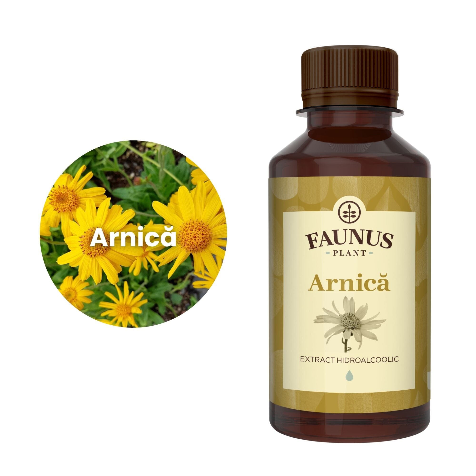 Flaconul de Tinctură Ardei Iute 200 ml alături de o poză cu ingredientul principal, arnica