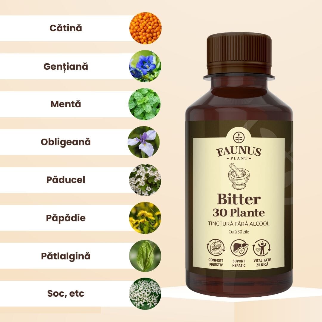 Bitter 30 plante - Tinctură fără alcool. Flacon 200ml. Formulă specială din 30 de plante medicinale cu efect tonic digestiv, tonifiant general si vitaminizant Tinctura Compusa Faunus Plant 