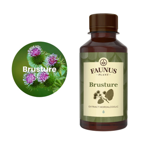 Flaconul de Brânca Ursului 500 ml alături de o poză cu ingredientul principal, brusturele