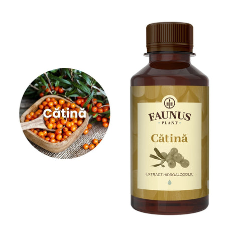 Flaconul de Tinctură Cătină 200 ml alături de o poză cu ingredientul principal, cătina | Cantitate - 200ml
