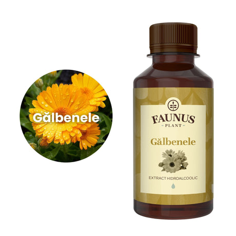 Flaconul de Tinctură Gălbenele 200 ml alături de o poză cu ingredientul principal: gălbenele