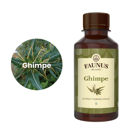 Flaconul de Tinctură Ghimpe 200 ml alături de o poză cu ingredientul principal, ghimpele