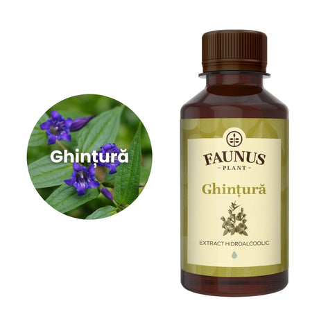 Flaconul de Tinctură Ghințura 200 ml alături de o poză cu ingredientul principal: ghințura | Cantitate - 200ml