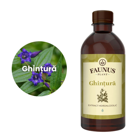 Flaconul de Tinctură Ghințura 500 ml alături de o poză cu ingredientul principal: ghințura | Cantitate - 500ml