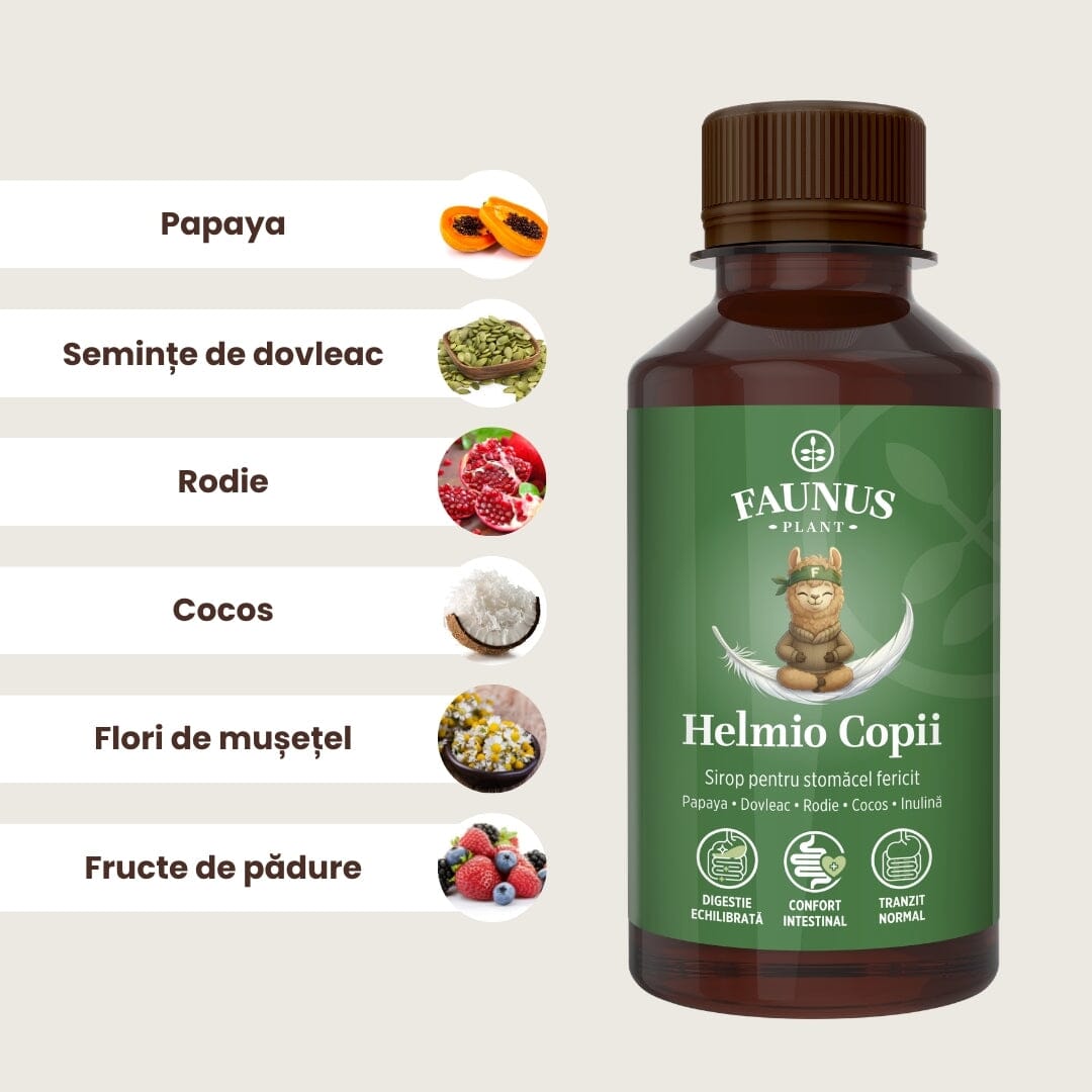 Helmio Copii – Sirop blând din plante medicinale și prebiotic pentru digestie și echilibru intestinal. Flacon 200 ml Sirop Faunus Plant 