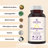 Flacon Calmenor Zi fotografiat din față, având alături ingredientele principale cu fotografii tip medalion și denumirile lor.