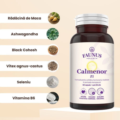 Flacon Calmenor Zi fotografiat din față, având alături ingredientele principale cu fotografii tip medalion și denumirile lor.