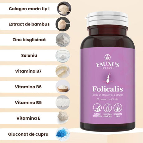 Flacon Folicalis fotografiat din față, având alături ingredientele principale într-o fotografie tip medalion și denumirile lor.