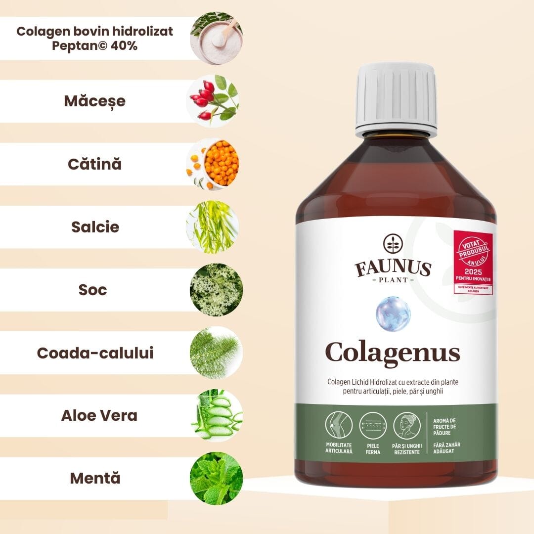 Colagenus - Colagen lichid hidrolizat. Flacon 500ml. Susține sănătatea articulațiilor, pielii, părului și unghiilor Supliment alimentar Faunus Plant 