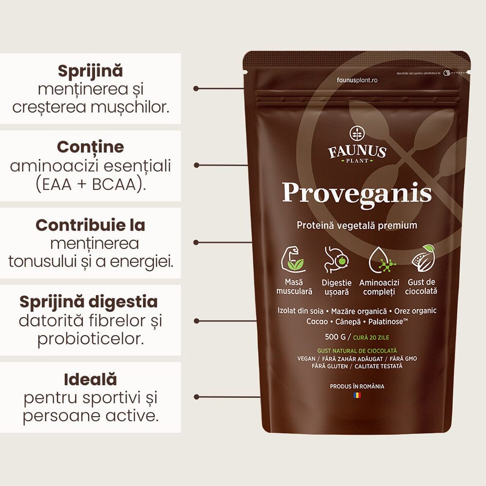 Proveganis - Proteină vegetală cu aromă de ciocolată. Amestec natural pentru energie și susținerea masei musculare. Pudră 500 g Superalimente Faunus Plant 