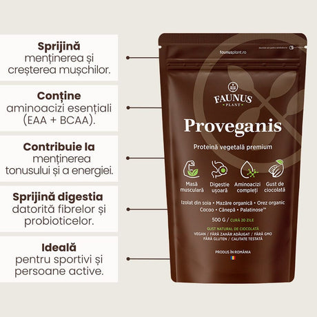 Proveganis - Proteină vegetală cu aromă de ciocolată. Amestec natural pentru energie și susținerea masei musculare. Pudră 500 g Superalimente Faunus Plant 