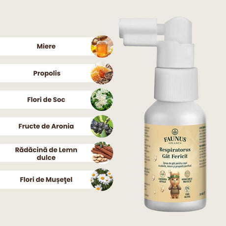 Respiratorus Gât Fericit - Spray de gât copii cu extracte naturale, propolis și miere. Efect calmant și hidratant. Flacon 30 ml Sprayuri Faunus Plant 