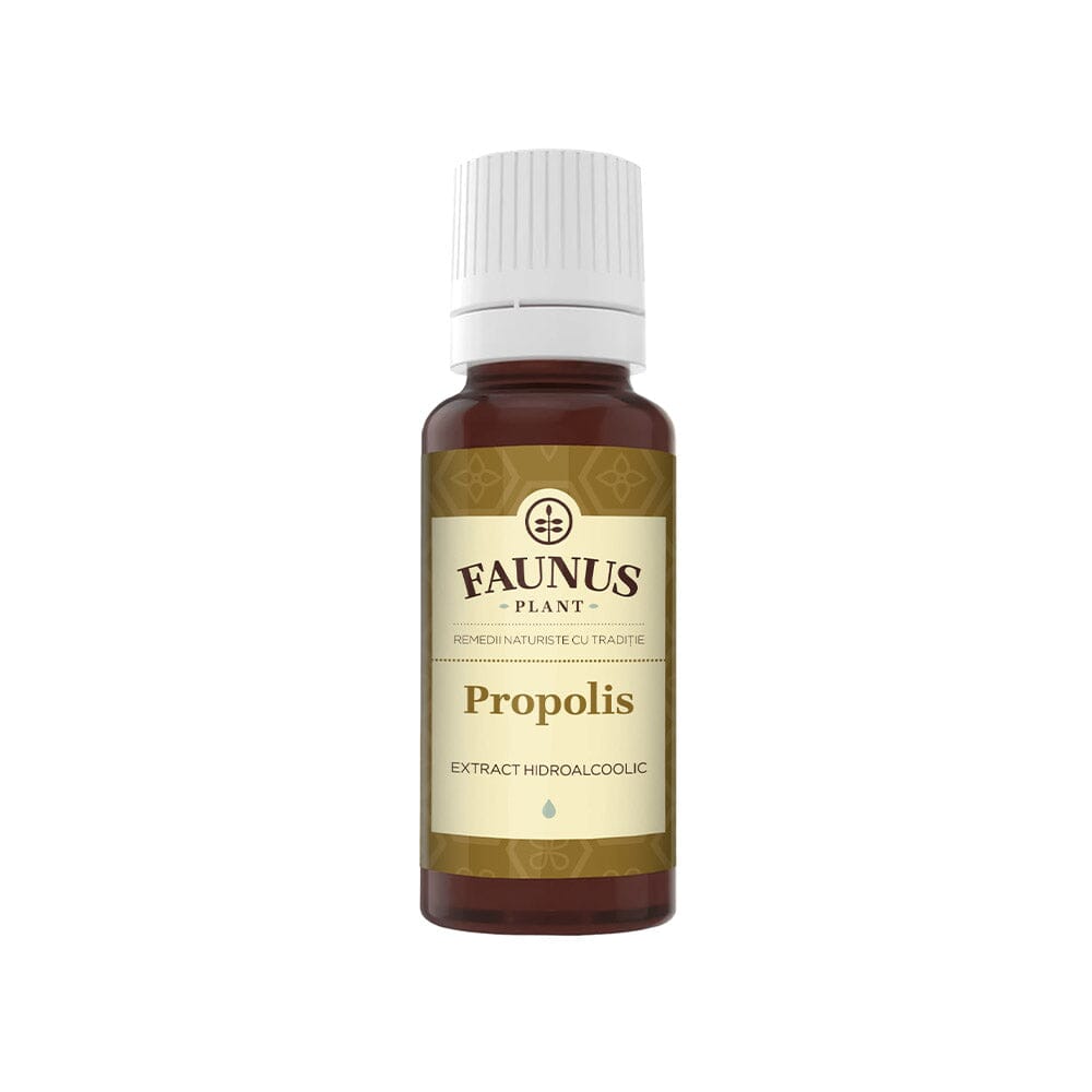 Tinctură de Propolis 20ml de la Faunus Plant, într-un flacon brun cu etichetă aurie. Un produs destinat susținerii sistemului imunitar și protecției organismului.