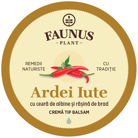Fotografie detaliată a capacului produsului Unguent Ardei Iute 50ml de la Faunus Plant, cu design galben și text "Remedii naturiste cu tradiție." Este ilustrat un ardei iute roșu. Cu ceară de albine și rășină de brad. Cremă tip balsam. 