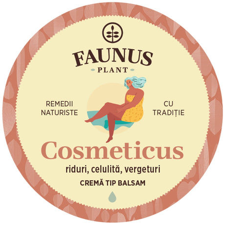 Etichetă capac Unguent Cosmeticus, design în tonuri pastelate cu ilustrație a unei femei relaxate, specificând utilizarea pentru riduri, celulită și vergeturi. Cremă tip balsam. 