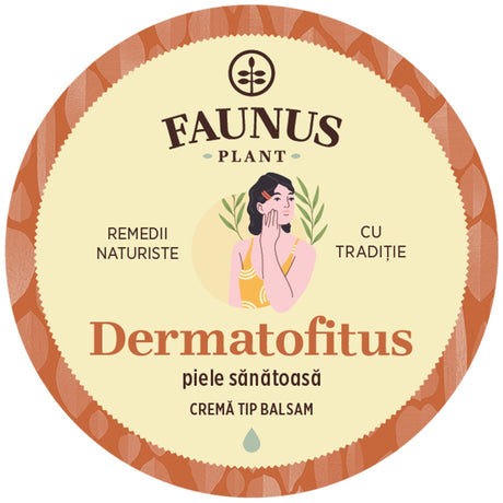 Etichetă frontală a capacului unguentului, cu logo-ul Faunus Plant, numele produsului „Dermatofitus” și ilustrația unei femei, înconjurată de elemente naturale, simbolizând sănătatea pielii. Cremă tip balsam. | Cantitate - 50ml