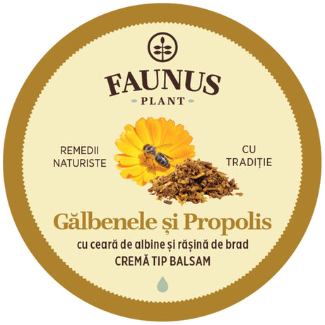 Eticheta capacului produsului Gălbenele și Propolis include ilustrația florii de gălbenele și a propolisului, împreună cu logo-ul Faunus Plant și mesajul „Cu Tradiție”. Cu ceară de albine și rășină de brad. Cremă tip balsam. 