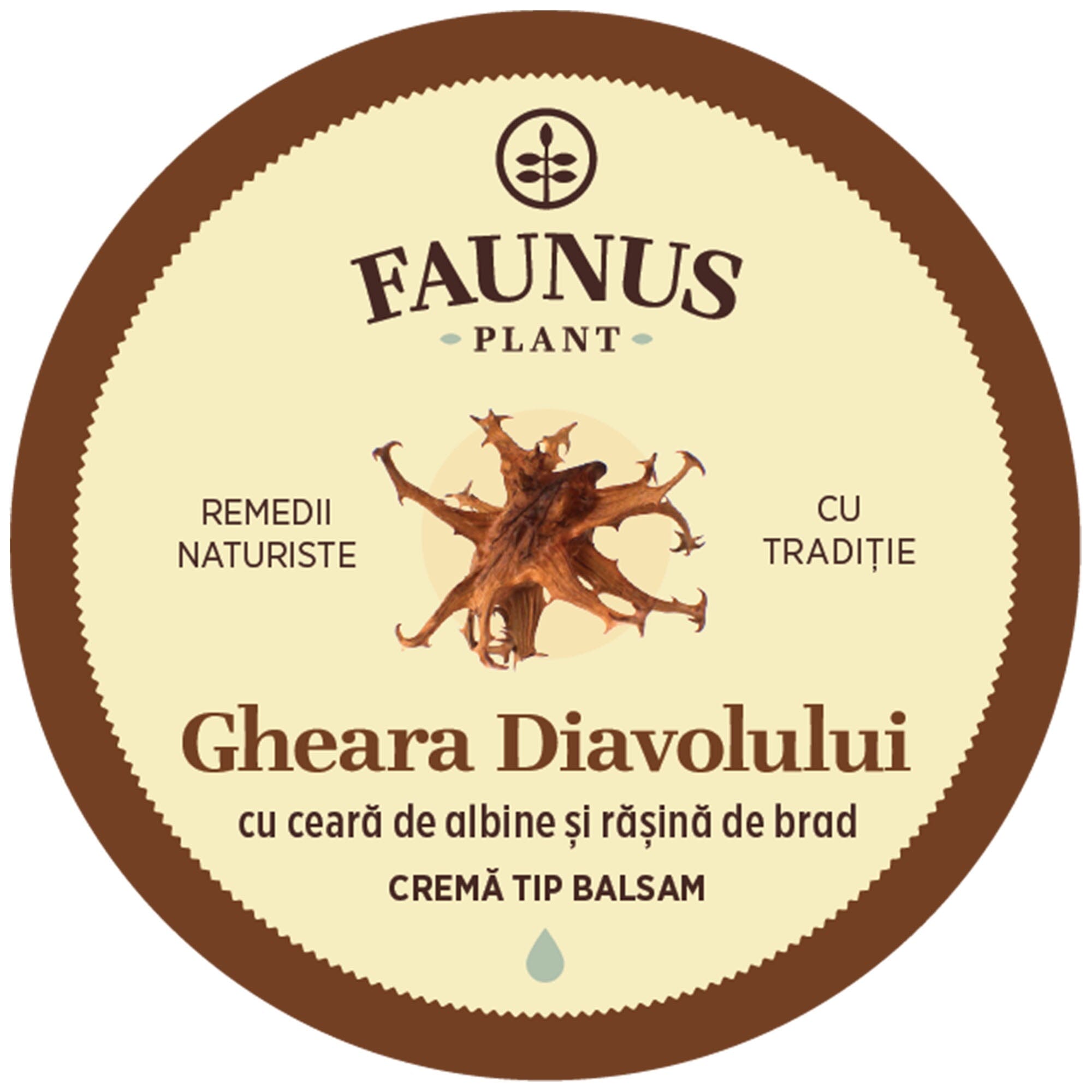 Eticheta capacului Unguent Gheara Diavolului 50ml de la Faunus Plant, cu design maro deschis și ilustrație a rădăcinii Gheara Diavolului. Eticheta specifică faptul că este un remediu naturist cu tradiție. Cu ceară de albine și rășină de brad. Cremă tip balsam. 