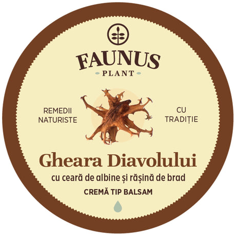 Eticheta capacului Unguent Gheara Diavolului 50ml de la Faunus Plant, cu design maro deschis și ilustrație a rădăcinii Gheara Diavolului. Eticheta specifică faptul că este un remediu naturist cu tradiție. Cu ceară de albine și rășină de brad. Cremă tip balsam. 