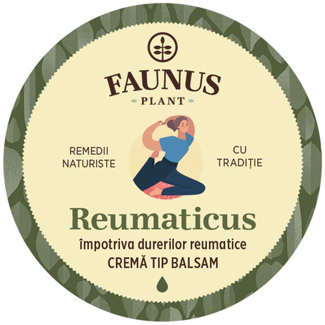 Imagine cu eticheta de pe capacul Unguentului Reumaticul 50ml de la Faunus Plant care arată logo Faunus Plant, o reprezentare grafică a unei persoane flexibile, numele produsului, apoi cărei afecțiuni i se adresează, dar și menționarea faptului că unguentul este o cremă de tip balsam. | Cantitate - 50ml