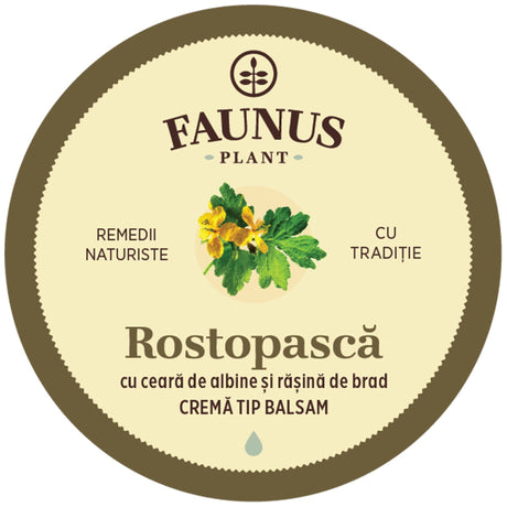 Imagine cu eticheta de pe capacul Unguentului Rostopască 50ml de la Faunus Plant care arată logo Faunus Plant, o reprezentare grafică a plantei rostopască. Cu ceară de albine și rășină de brad. Cremă tip balsam. 