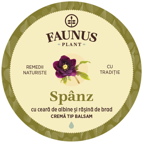 Etichetă desfășurată cu ingredientele Unguentului Spânz 50 ml de la Faunus Plant, acțiuni, mod de administrare, condiții de păstrare și detalii despre producător.