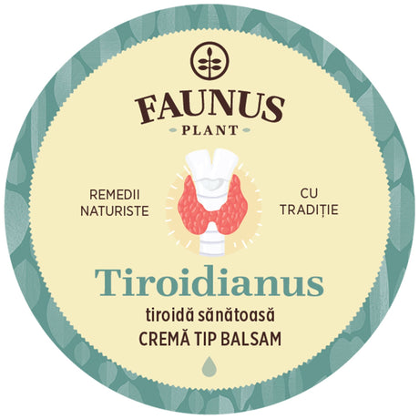 Imagine cu eticheta de pe capacul Unguentului Tiroidianus 50ml de la Faunus Plant care arată logo Faunus Plant, o reprezentare grafică a glandei tiroide. Cremă tip balsam. 