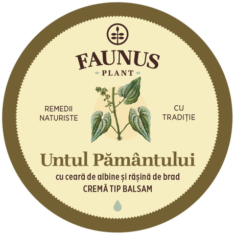 Imagine cu eticheta de pe capacul Unguentului Untul Pământului 50ml de la Faunus Plant care arată logo Faunus Plant, o reprezentare grafică a plantei Untul-Pământului. Cu ceară de albine și rășină de brad. Cremă tip balsam. 