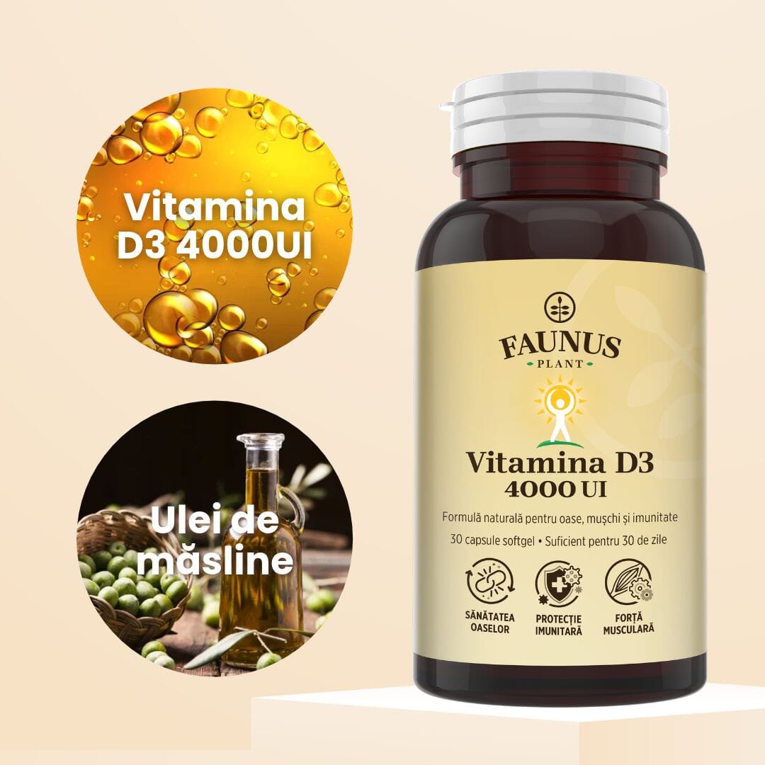 Flacon Vitamina D3 4000 UI fotografiat din față, având alături ingredientele principale într-o fotografie tip medalion și denumire: vitamina D3 5000 UI și ulei de măsline.