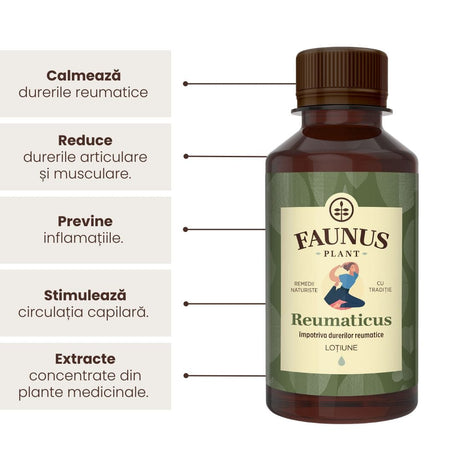 Flaconul de Lotiune Reumaticus de la Faunus Plant este prezentat cu o listă de beneficii care subliniază efectele sale naturale: calmarea durerilor reumatice, prevenirea inflamațiilor și stimularea circulației capilare.