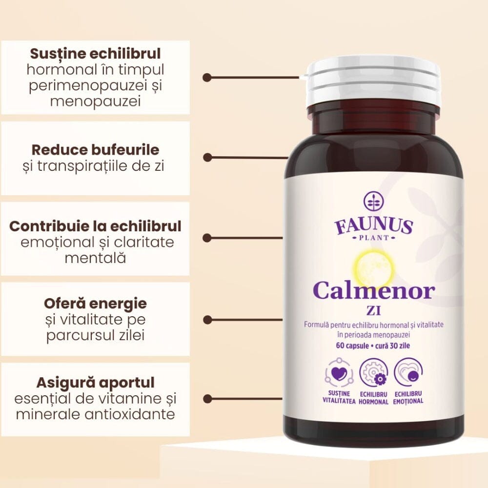 Flacon capsule Calmenor Zi de la Faunus Plant fotografiat din față, având alături beneficiile ilustrate grafic: susține echilibrul hormonal, reduce bufeurile, echilibru emoțional, energie, aport de vitamine și minerale.