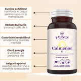 Flacon capsule Calmenor Zi de la Faunus Plant fotografiat din față, având alături beneficiile ilustrate grafic: susține echilibrul hormonal, reduce bufeurile, echilibru emoțional, energie, aport de vitamine și minerale.