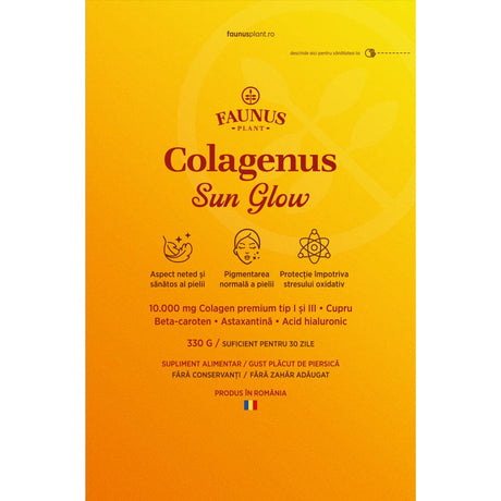 Colagenus Sun Glow – Colagen pudră pentru bronz uniform, piele radiantă și luminoasă. 10.000mg colagen, Vitamina C + E, zinc, cupru și acid hialuronic. Pudră 330g Supliment alimentar Faunus Plant 