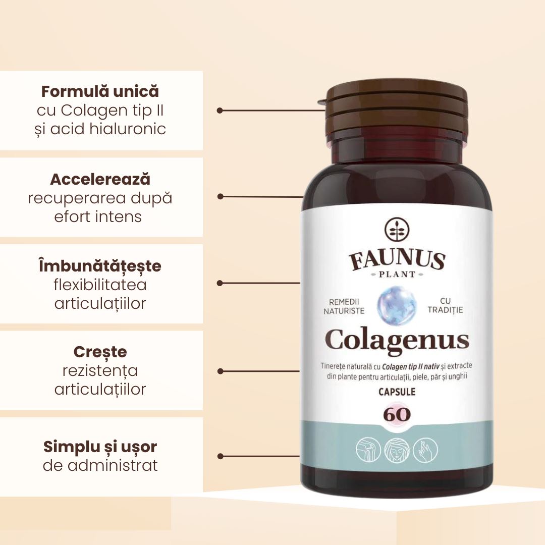 Flacon de Colagenus Capsule de la Faunus Plant cu beneficii explicate, sub formă de tabel, unul sub altul.