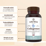 Flacon de Colagenus Capsule de la Faunus Plant cu beneficii explicate, sub formă de tabel, unul sub altul.