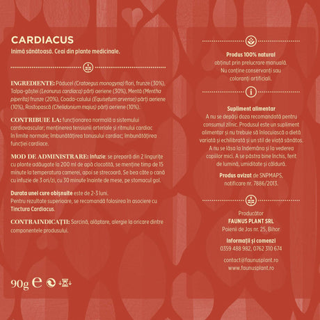 Eticheta desfășurată a Ceaiului Cardiacus de la Faunus Plant, afișând lista ingredientelor, modul de administrare, contraindicațiile și informațiile despre producător.