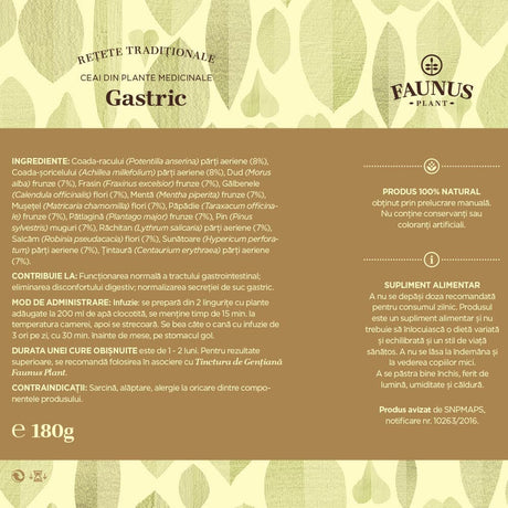 Etichetă detaliată din spatele cutiei de Ceai Gastric 180g Faunus Plant, cu informații despre ingrediente, mod de administrare, contraindicații, durata curei și recomandări.