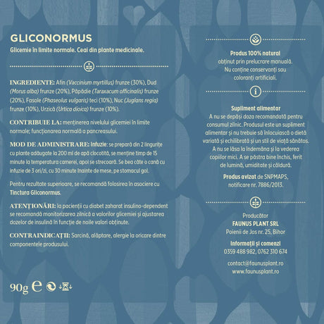 Etichetă desfășurată spate: Etichetă desfășurată a Ceaiului Gliconormus 90g de la Faunus Plant, afișând ingredientele, contribuția la menținerea glicemiei în limite normale, modul de administrare și contraindicațiile produsului. Ingrediente: frunze de Afin (30%), Dud (20%), frunze de Păpădie (20%), teci de Fasole (10%), frunze de Nuc (10%), Urzică (10%).