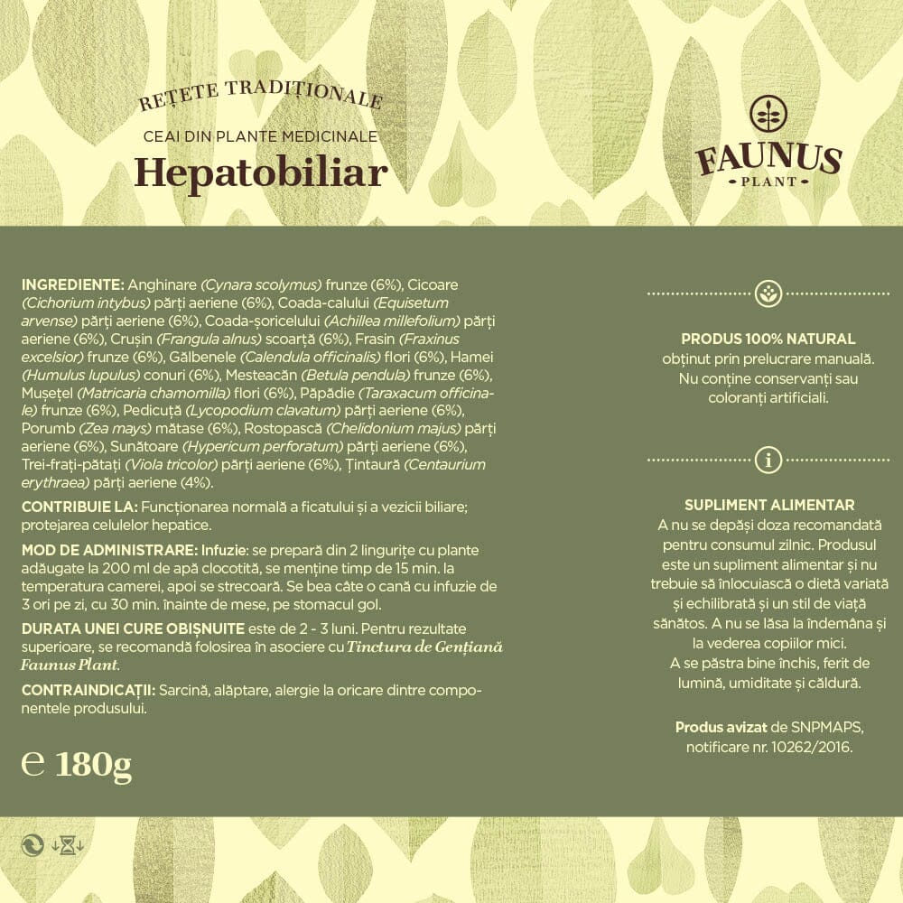 Rețete Tradiționale, Ceai - Hepatobiliar 180g. Amestec plante medicinale pentru ficat gras, bilă leneșă. Protector hepatic Ceai Faunus Plant 