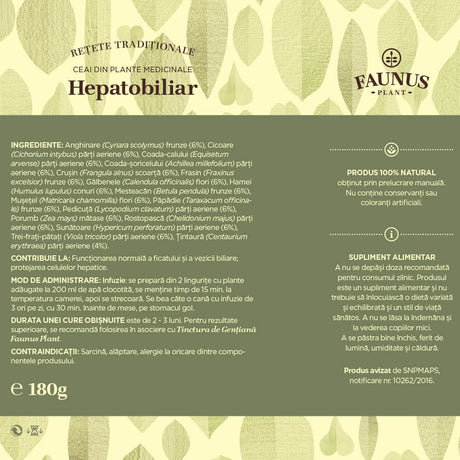 Eticheta desfășurată a Ceaiului Hepatobiliar 180g de la Faunus Plant, care detaliază ingredientele, procentul acestora și alte informații despre utilizare, beneficii și contraindicații.