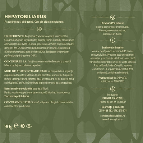 Eticheta desfășurată a spatelui cutiei de Ceai Hepatobiliarus 90g de la Faunus Plant. Include lista completă a ingredientelor, detalii despre administrare și certificarea calității.